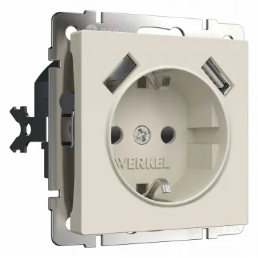 Розетка с заземлением, шторками и 2хUSB, без рамки Werkel айвори матовые W1171562