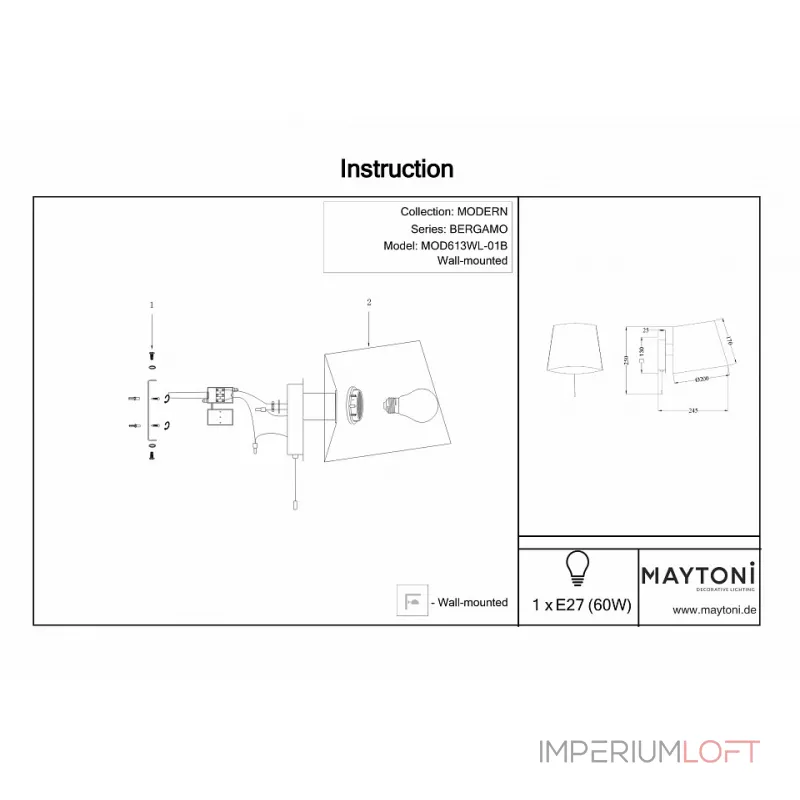 Бра Maytoni Bergamo MOD613WL-01B Цвет арматуры хром Цвет плафонов серый от ImperiumLoft