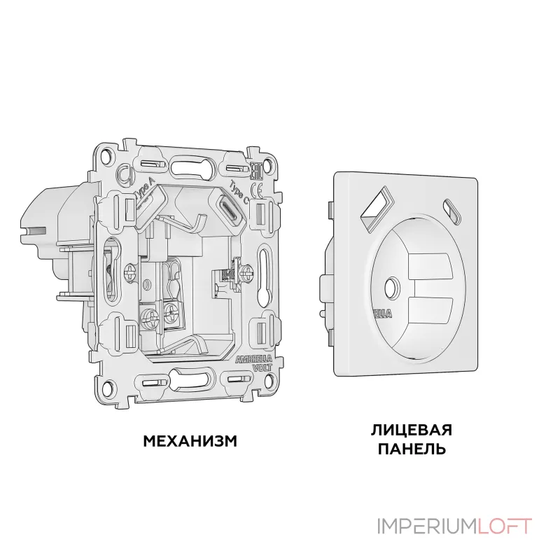 Комплект механизма электрической розетки 2USB A+C 20W быстрая зарядка с заземлением и шторками 2P+E 16A-250V Ambrella Volt MA MA640010