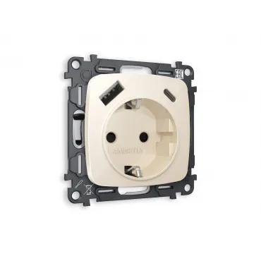 Комплект механизма электрической розетки 2USB A+C 20W быстрая зарядка с заземлением и шторками 2P+E 16A-250V Ambrella Volt MO MO310010