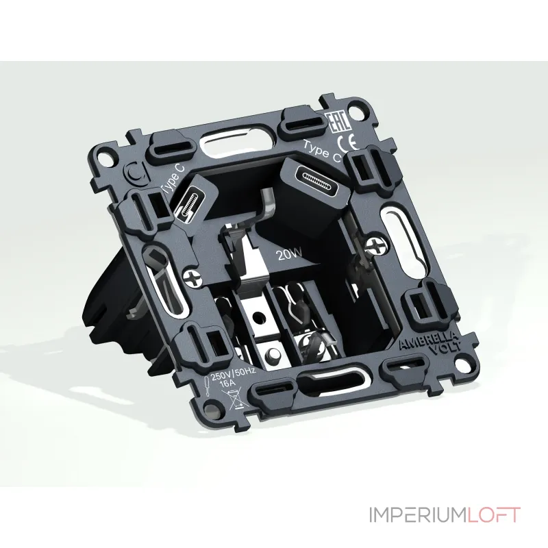 Механизм электрической розетки 2USB С+C 20W (быстрая зарядка) с/з на винтовых зажимах 16A-250V Volt QUANT VM165 от ImperiumLoft