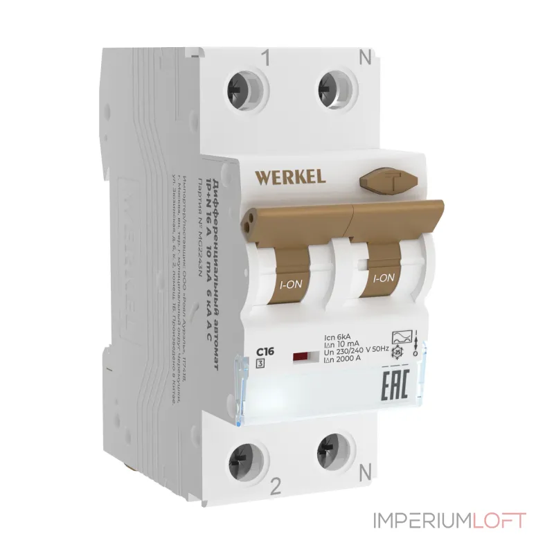 Дифференциальный автомат 1P+N 16 A 10 mА 6 kА C A Werkel W922P324 от ImperiumLoft